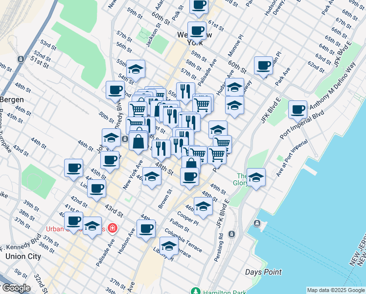 map of restaurants, bars, coffee shops, grocery stores, and more near 318 51st Street in West New York