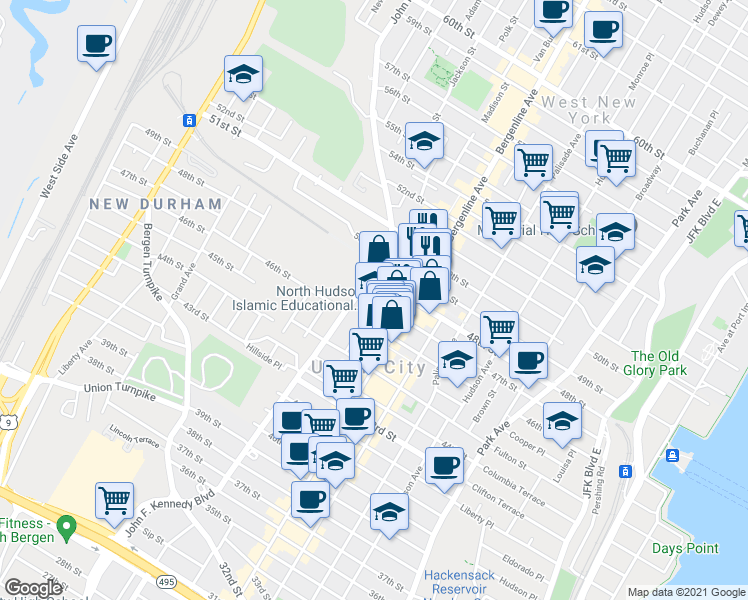 map of restaurants, bars, coffee shops, grocery stores, and more near 535 48th Street in Union City