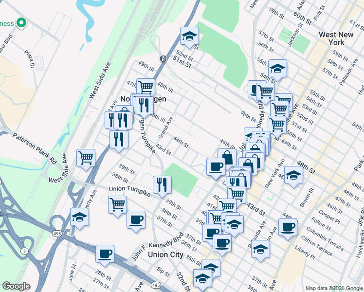 map of restaurants, bars, coffee shops, grocery stores, and more near 1410 44th Street in North Bergen
