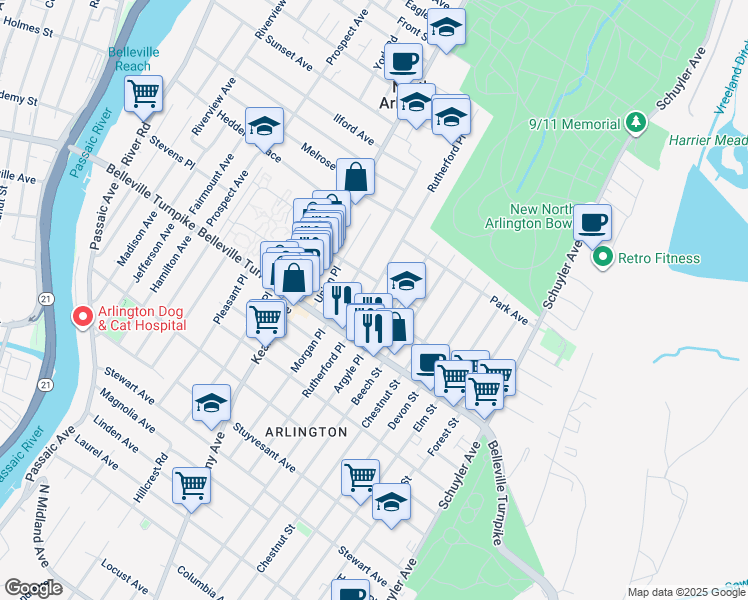 map of restaurants, bars, coffee shops, grocery stores, and more near 9 Arlington Avenue in North Arlington