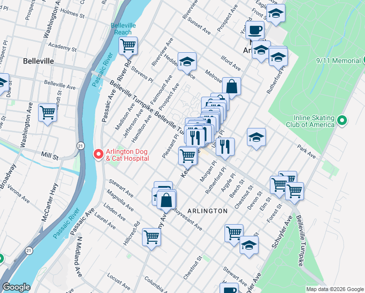 map of restaurants, bars, coffee shops, grocery stores, and more near 130 Pleasant Place in Kearny