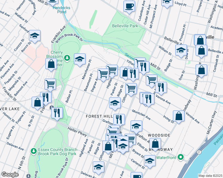 map of restaurants, bars, coffee shops, grocery stores, and more near 822 Parker Street in Newark