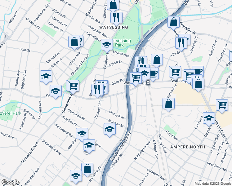 map of restaurants, bars, coffee shops, grocery stores, and more near 38 Dodd Street in East Orange