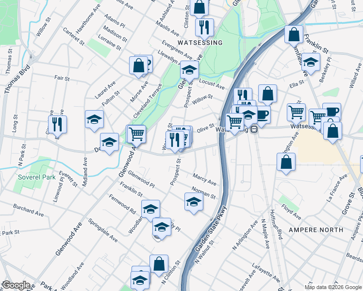 map of restaurants, bars, coffee shops, grocery stores, and more near 523 Prospect Street in East Orange