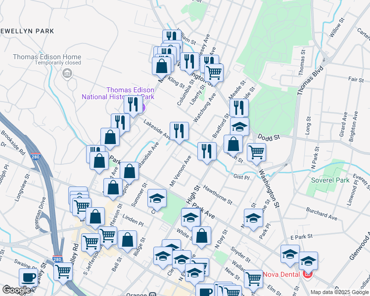 map of restaurants, bars, coffee shops, grocery stores, and more near 300 Watchung Avenue in City of Orange