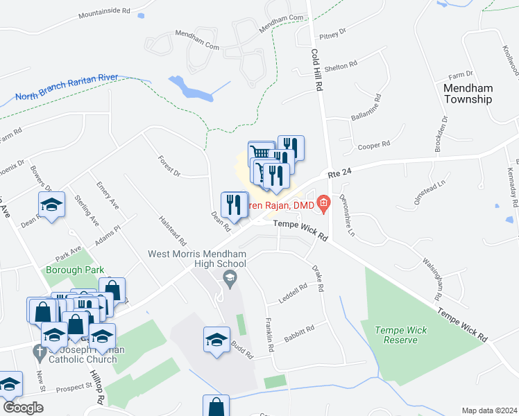map of restaurants, bars, coffee shops, grocery stores, and more near 82 East Main Street in Mendham