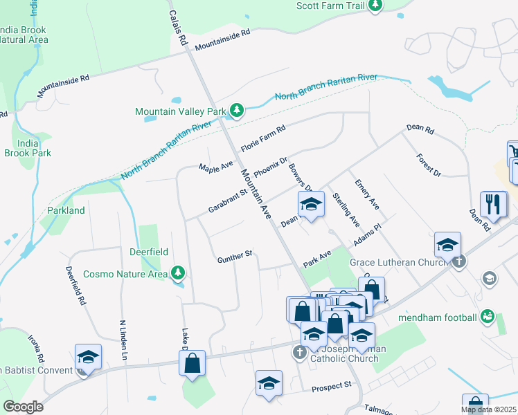 map of restaurants, bars, coffee shops, grocery stores, and more near 44A Mountain Avenue in Mendham