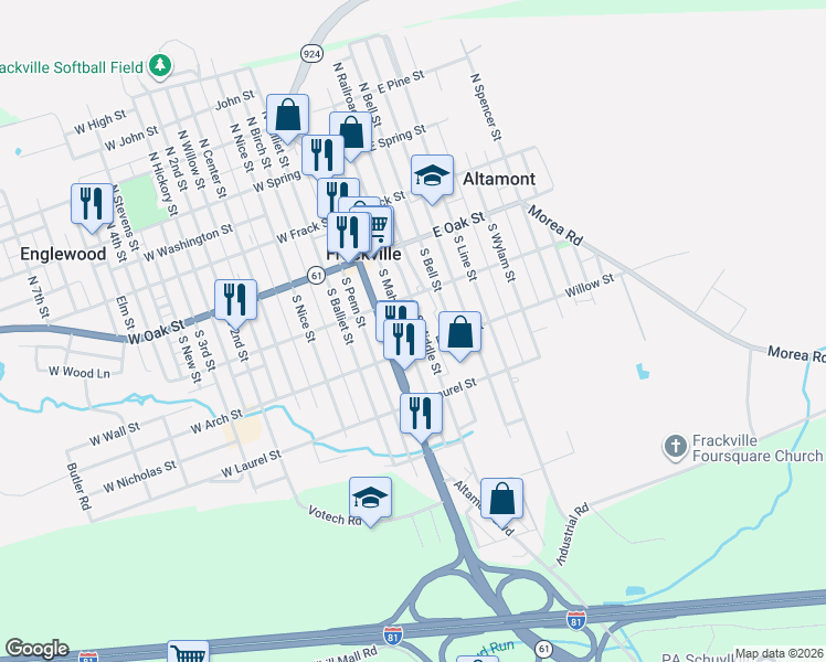 map of restaurants, bars, coffee shops, grocery stores, and more near 222 South Middle Street in Frackville