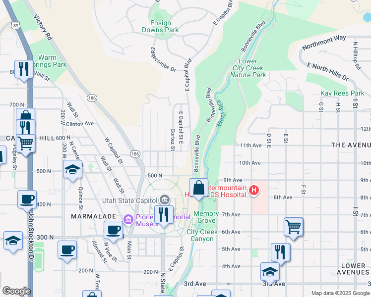 map of restaurants, bars, coffee shops, grocery stores, and more near 581 East Capitol Street East in Salt Lake City