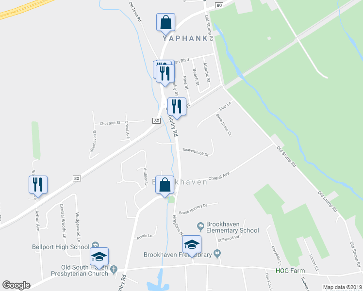 map of restaurants, bars, coffee shops, grocery stores, and more near 406 South Country Road in Brookhaven