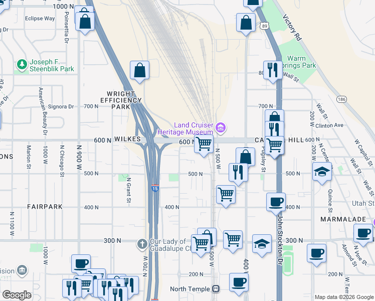 map of restaurants, bars, coffee shops, grocery stores, and more near 561 West 600 North in Salt Lake City