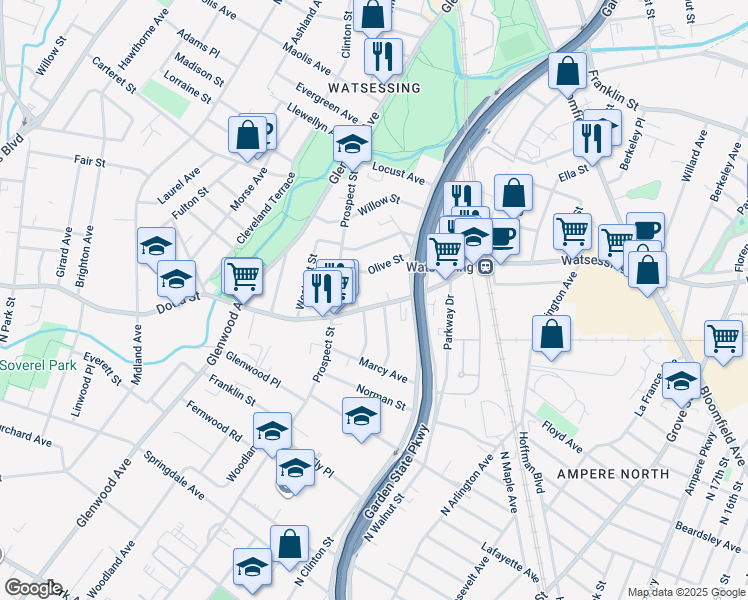 map of restaurants, bars, coffee shops, grocery stores, and more near 38 Dodd Street in East Orange