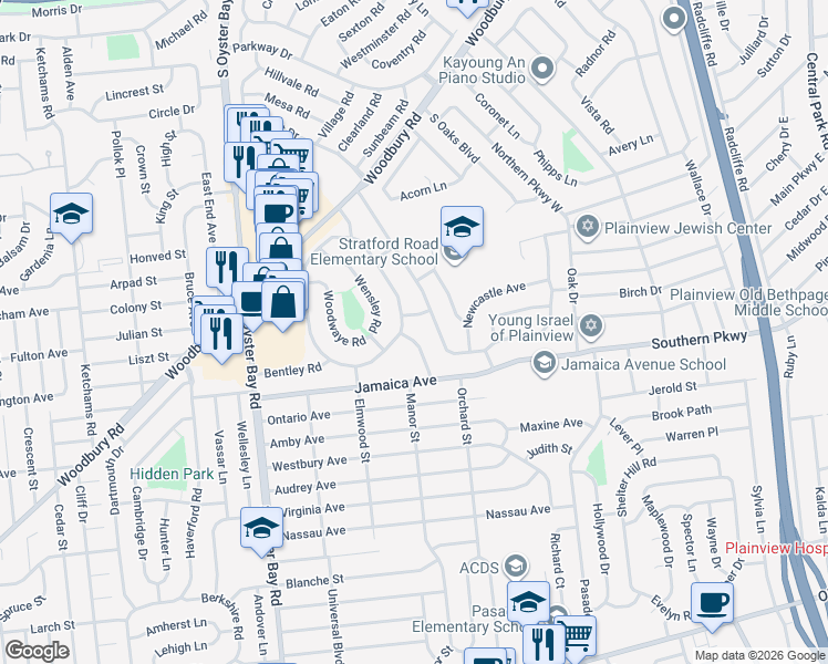 map of restaurants, bars, coffee shops, grocery stores, and more near 34 Knickerbocker Road East in Plainview