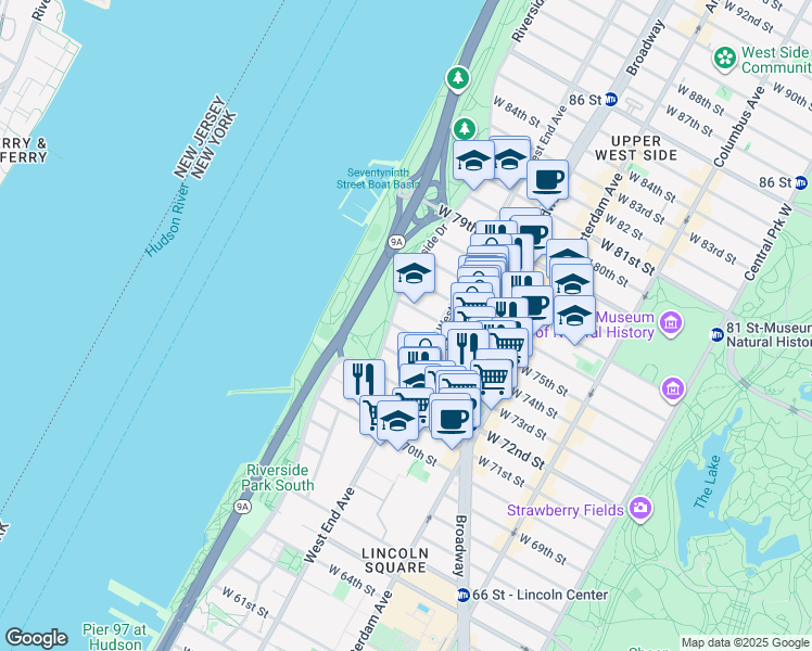 map of restaurants, bars, coffee shops, grocery stores, and more near 23 Riverside Drive in New York