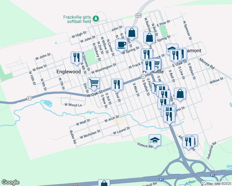 map of restaurants, bars, coffee shops, grocery stores, and more near 140 South 2nd Street in Frackville