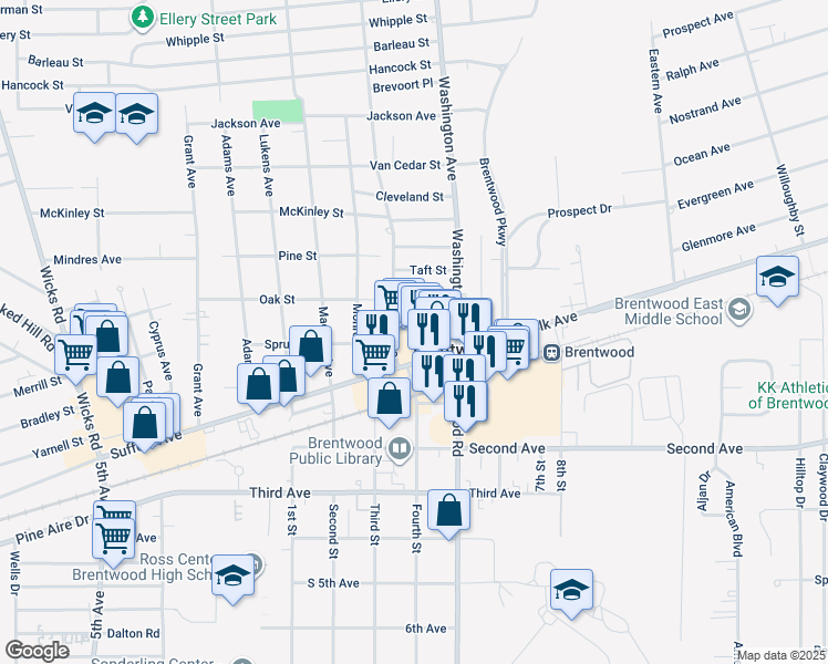 map of restaurants, bars, coffee shops, grocery stores, and more near 4 McWhorter Street in Brentwood
