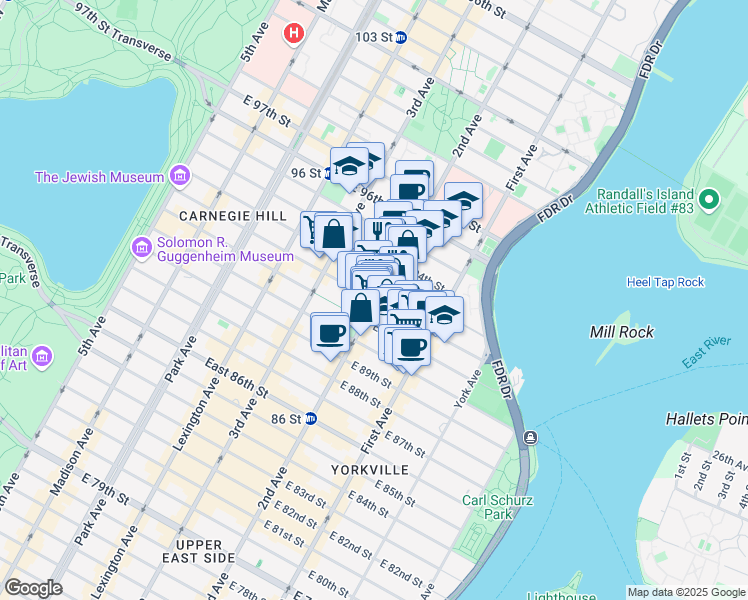 map of restaurants, bars, coffee shops, grocery stores, and more near 295 East 92nd Street in New York