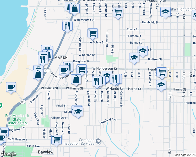 map of restaurants, bars, coffee shops, grocery stores, and more near 435 West Russ Street in Eureka