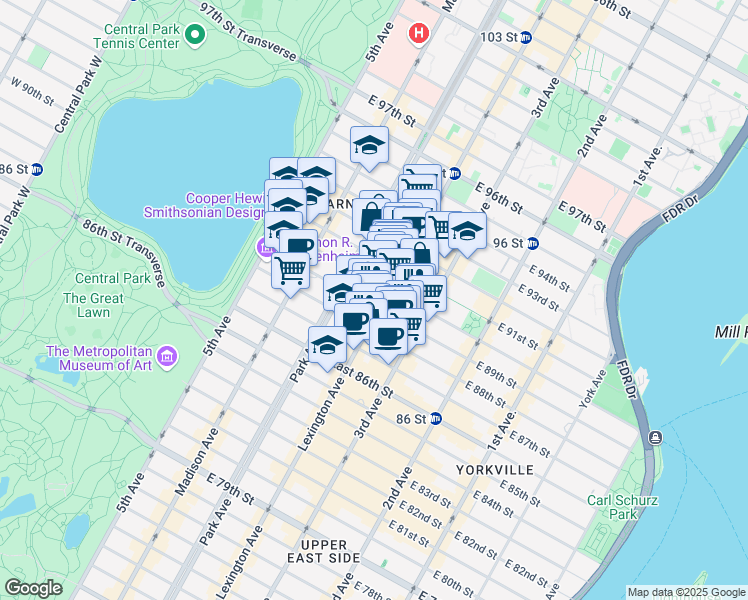 map of restaurants, bars, coffee shops, grocery stores, and more near 114 East 90th Street in New York