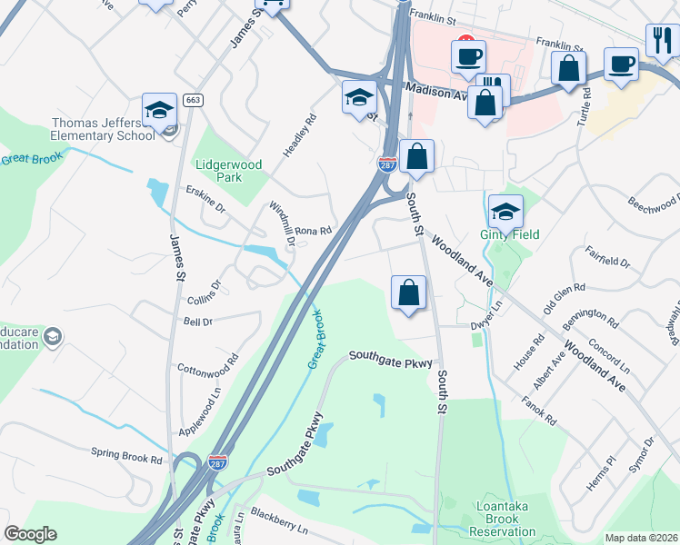 map of restaurants, bars, coffee shops, grocery stores, and more near 34 Sand Hill Road in Morristown