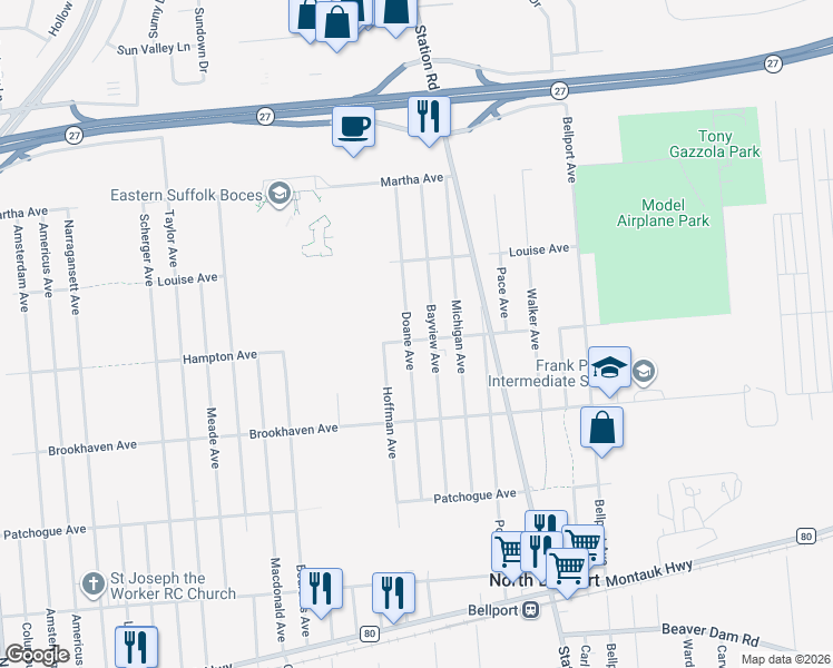 map of restaurants, bars, coffee shops, grocery stores, and more near 812 Bayview Avenue in Bellport