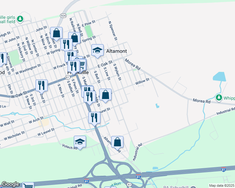 map of restaurants, bars, coffee shops, grocery stores, and more near 313 South Line Street in Frackville