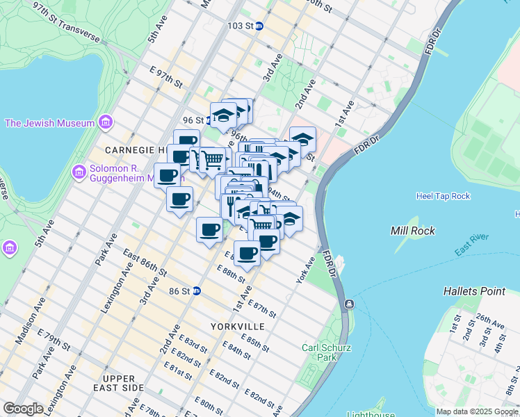 map of restaurants, bars, coffee shops, grocery stores, and more near 312 East 93rd Street in New York