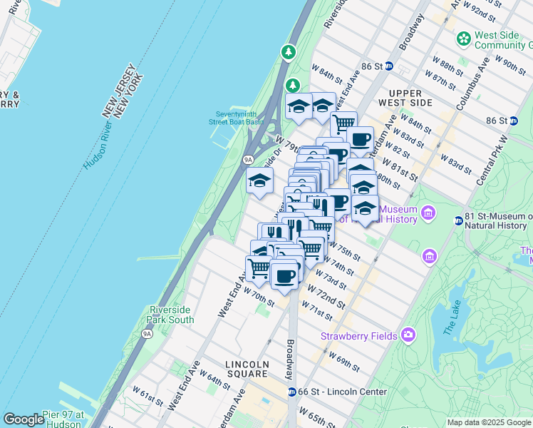 map of restaurants, bars, coffee shops, grocery stores, and more near 301 West 75th Street in New York