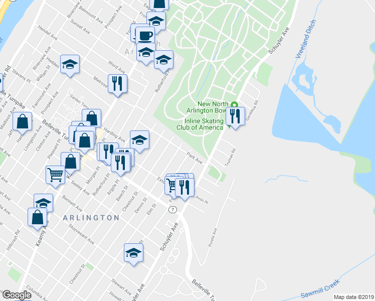 map of restaurants, bars, coffee shops, grocery stores, and more near 86 Park Avenue in North Arlington
