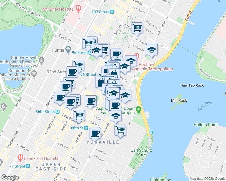 map of restaurants, bars, coffee shops, grocery stores, and more near 314 East 93rd Street in New York