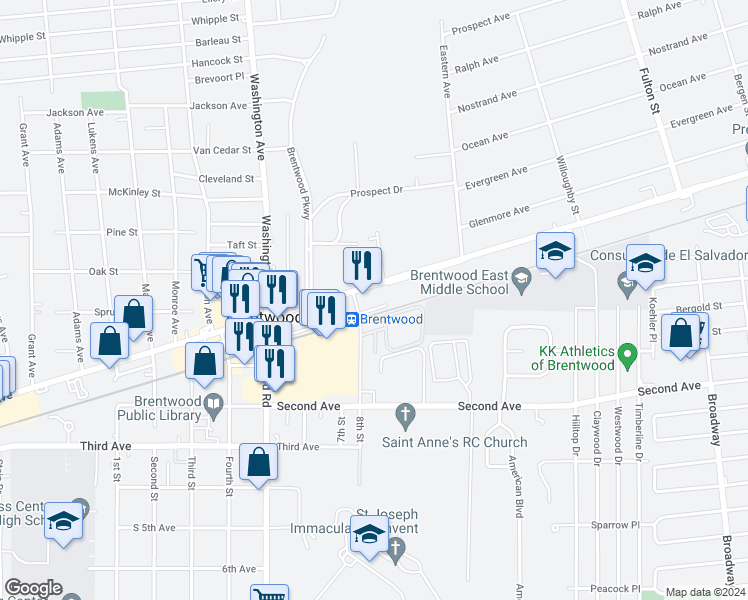 map of restaurants, bars, coffee shops, grocery stores, and more near 840 Suffolk Avenue in Brentwood