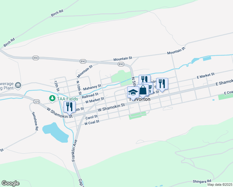 map of restaurants, bars, coffee shops, grocery stores, and more near 601 West Market Street in Trevorton