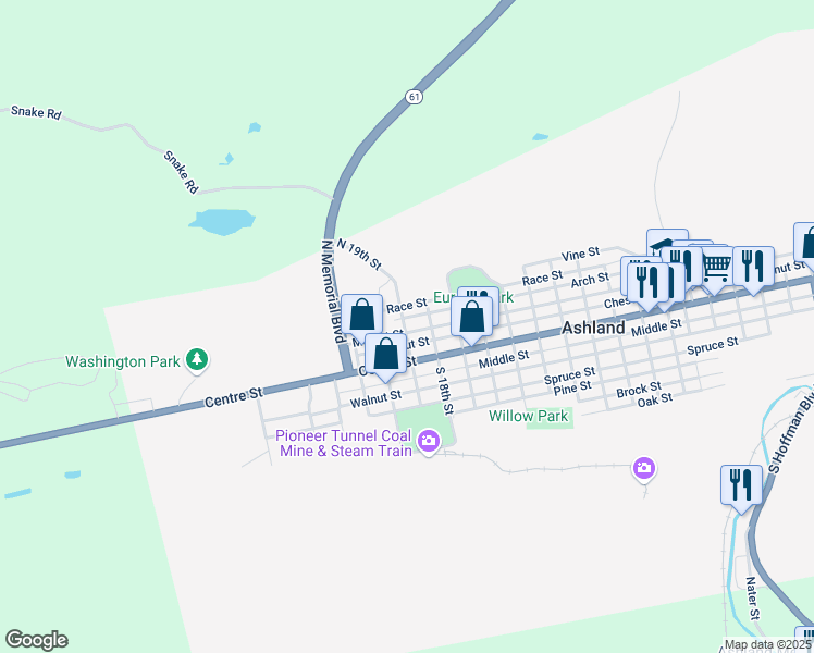 map of restaurants, bars, coffee shops, grocery stores, and more near 1839 Market Street in Ashland