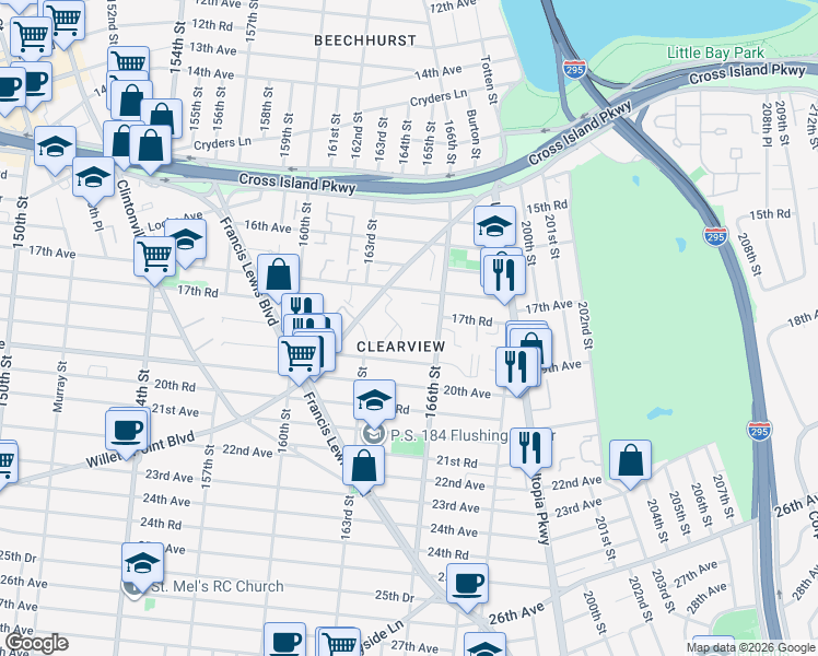 map of restaurants, bars, coffee shops, grocery stores, and more near 163-56 17th Avenue in Queens