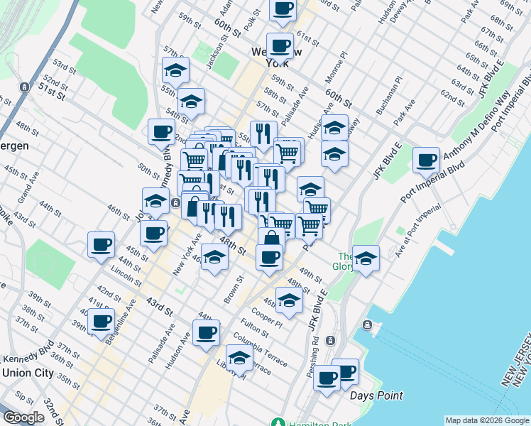 map of restaurants, bars, coffee shops, grocery stores, and more near 318 51st Street in West New York