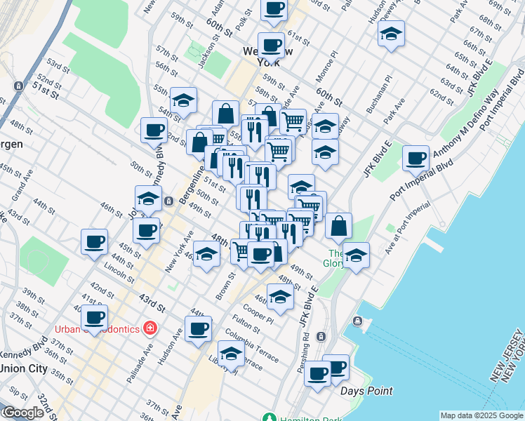 map of restaurants, bars, coffee shops, grocery stores, and more near 223 52nd Street in West New York
