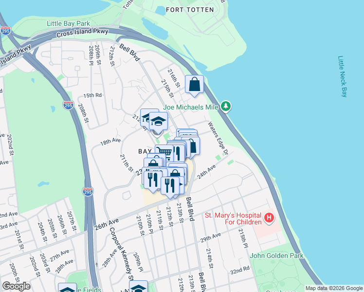 map of restaurants, bars, coffee shops, grocery stores, and more near 23-20 Bell Boulevard in Queens