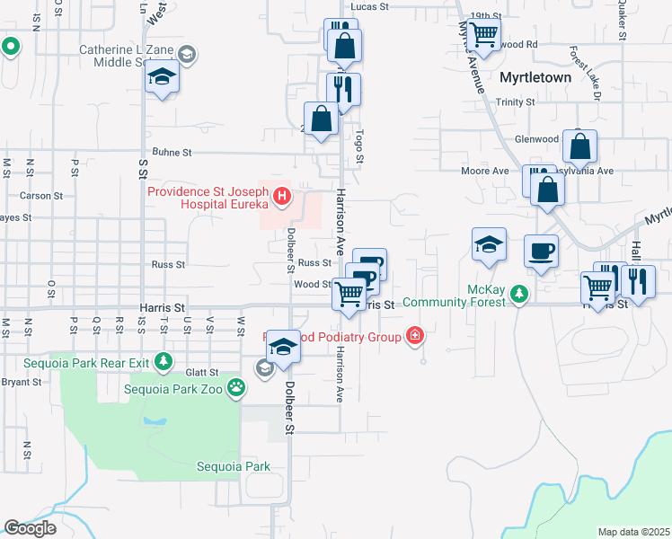 map of restaurants, bars, coffee shops, grocery stores, and more near 2496 Russ Street in Eureka