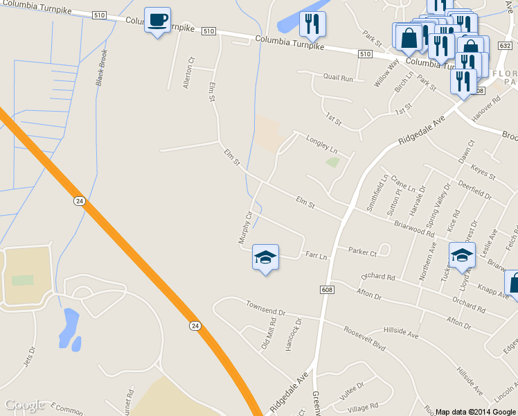 map of restaurants, bars, coffee shops, grocery stores, and more near 5 Murphy Circle in Florham Park