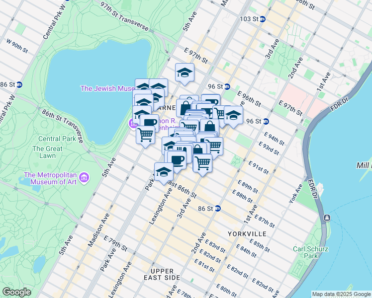 map of restaurants, bars, coffee shops, grocery stores, and more near 114 East 90th Street in New York
