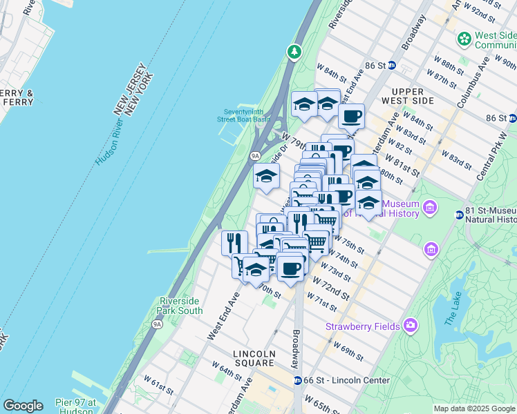 map of restaurants, bars, coffee shops, grocery stores, and more near 321 West 74th Street in New York