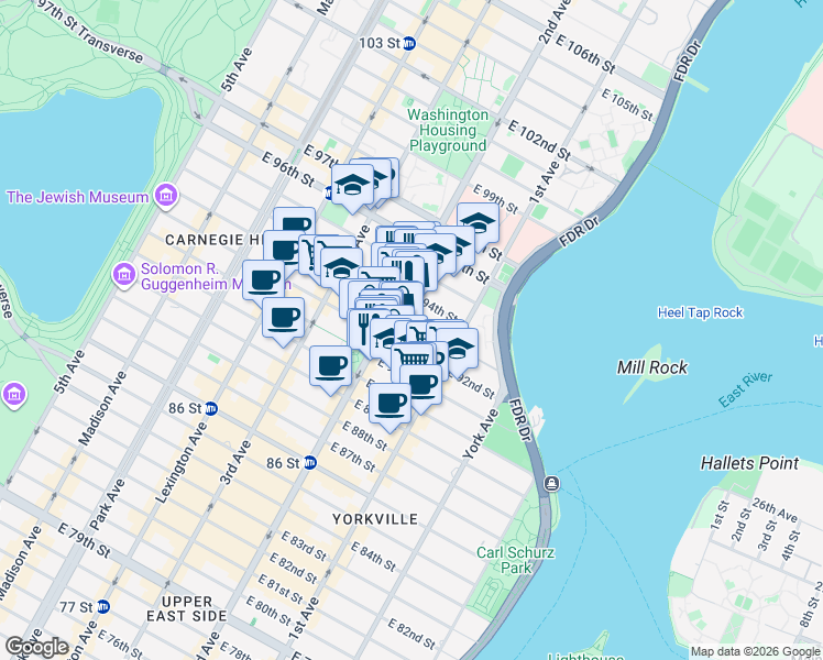 map of restaurants, bars, coffee shops, grocery stores, and more near 240 East 93rd Street in New York