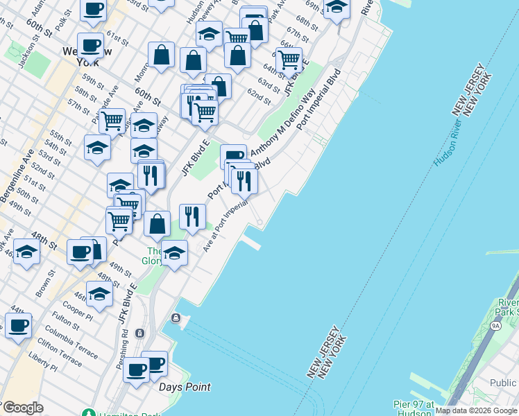 map of restaurants, bars, coffee shops, grocery stores, and more near 20 Avenue at Port Imperial in West New York