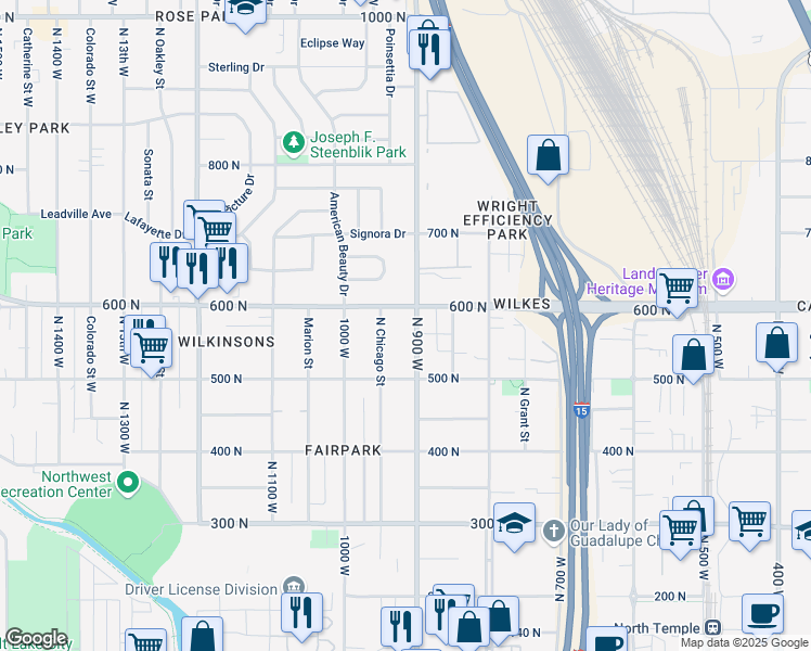 map of restaurants, bars, coffee shops, grocery stores, and more near 570 North Chicago Street in Salt Lake City