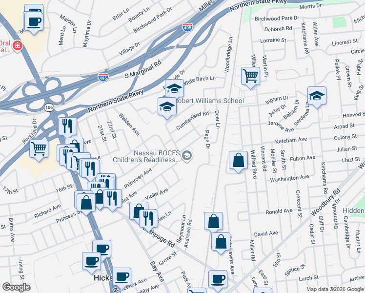 map of restaurants, bars, coffee shops, grocery stores, and more near 8 Sutherland Road in Hicksville