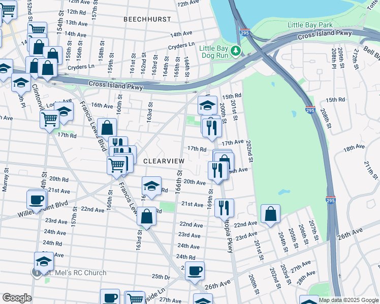 map of restaurants, bars, coffee shops, grocery stores, and more near 166-2 17th Road in Queens