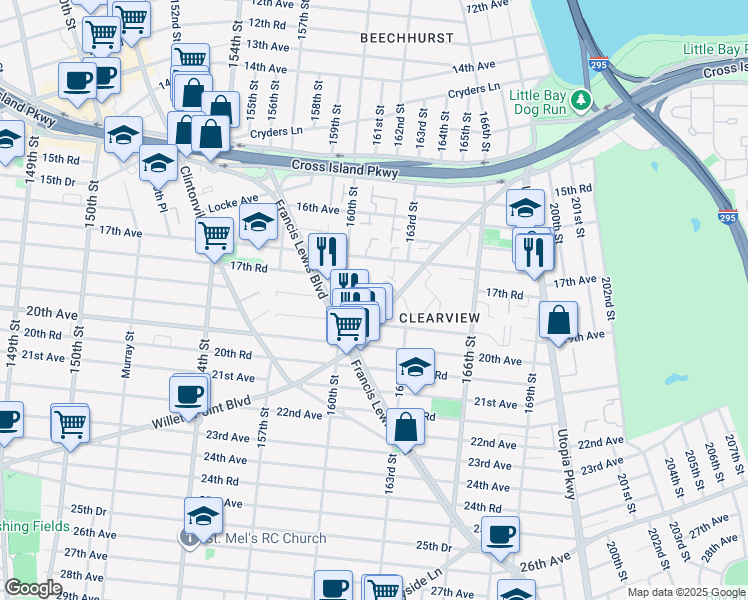 map of restaurants, bars, coffee shops, grocery stores, and more near 16071F Willets Point Boulevard in Queens
