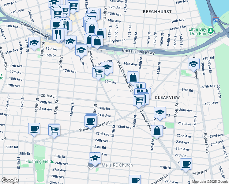 map of restaurants, bars, coffee shops, grocery stores, and more near 18-08 157th Street in Queens