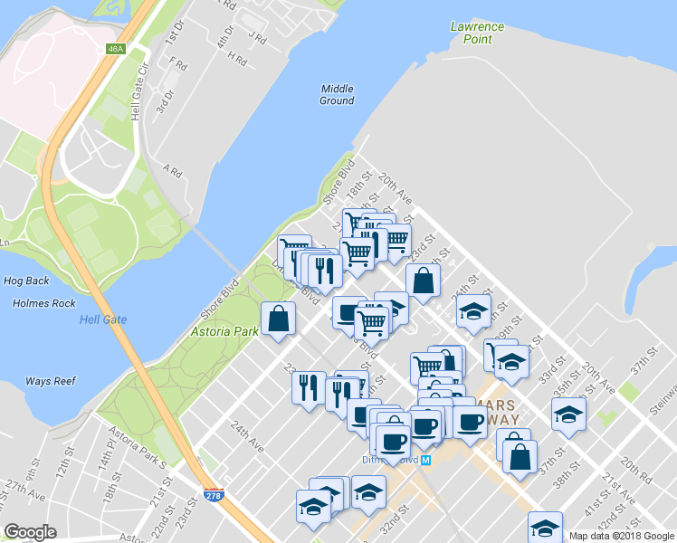 map of restaurants, bars, coffee shops, grocery stores, and more near 19-25 21st Road in Queens