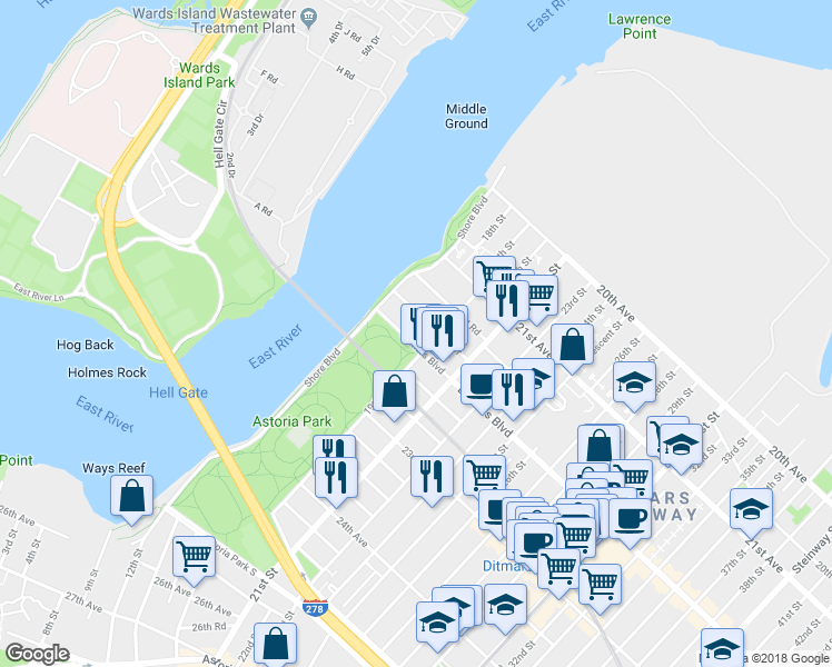 map of restaurants, bars, coffee shops, grocery stores, and more near 18-37 Ditmars Boulevard in Queens